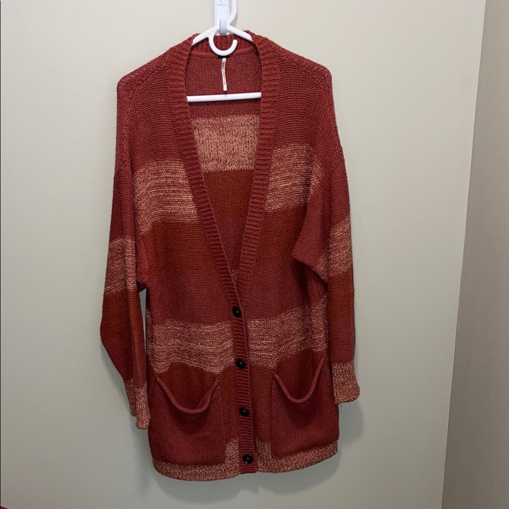 Free People Red and Tan Striped Cardigan